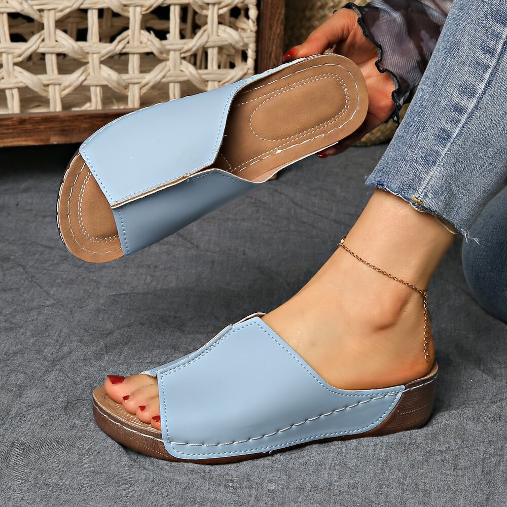 Powder Blue Slip-On Sandals – Open Toe Comfy Wedge Slides